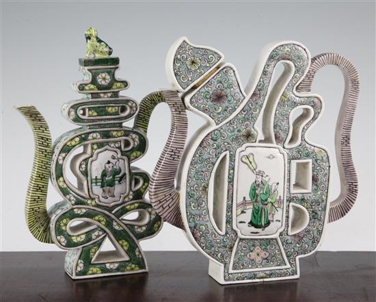 Two Chinese famille verte glazed biscuit character wine pots, early 20th century, 22.5cm.